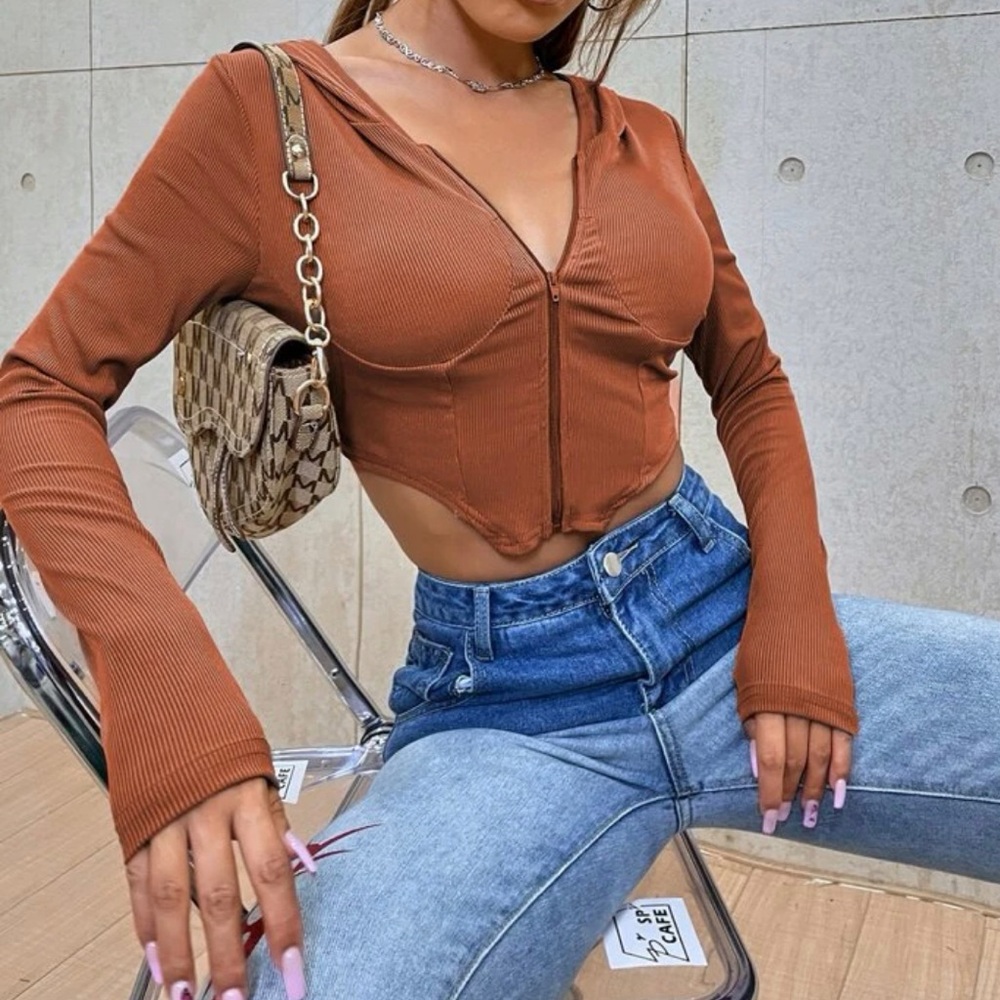 Ribbed Knit Asymmetrical Hem Crop Hoodie